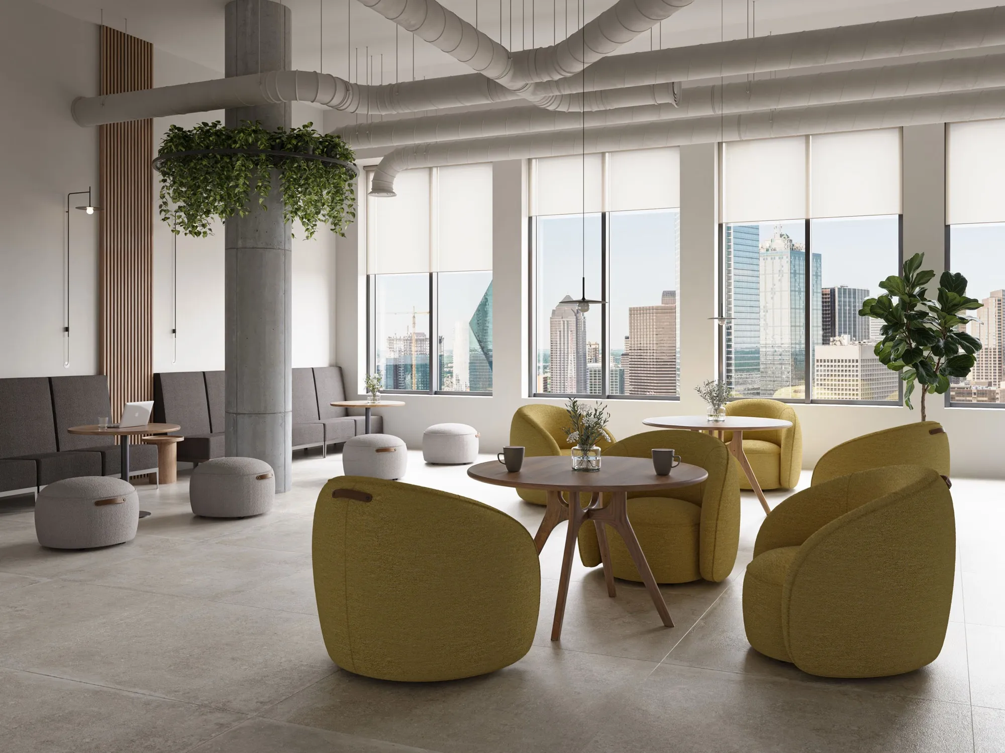 A café lounge furnished with honey-toned armchairs beside city windows